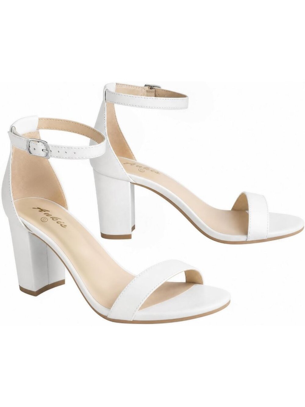 Women's White Pu Suede Open Toe Buckle Ankle Strap Chunky Heels Sandals
